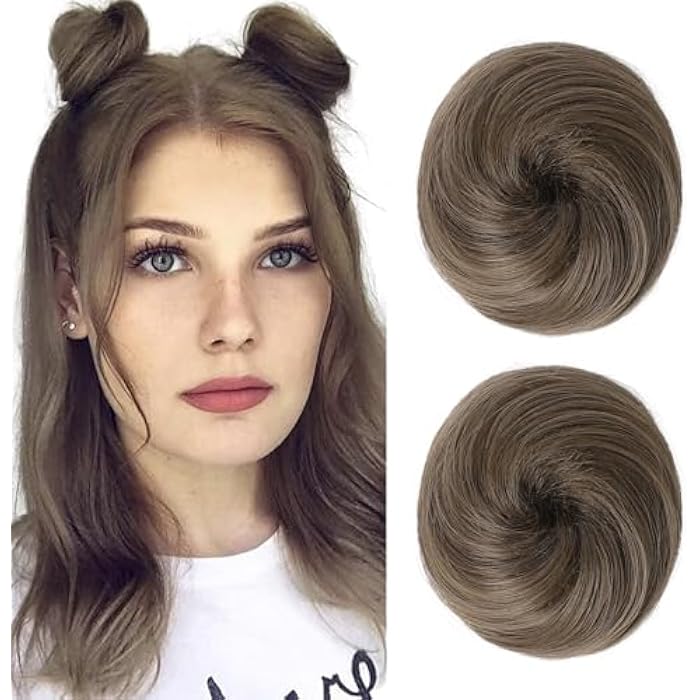 REECHO 2 PCS Mini Claw Clip in Messy & Cat Ears Hair Bun Extensions Wig Accessory Updo Hairpieces for Women Girls (Pack of 2-3 Straight, Ash Light Brown) - Image 1